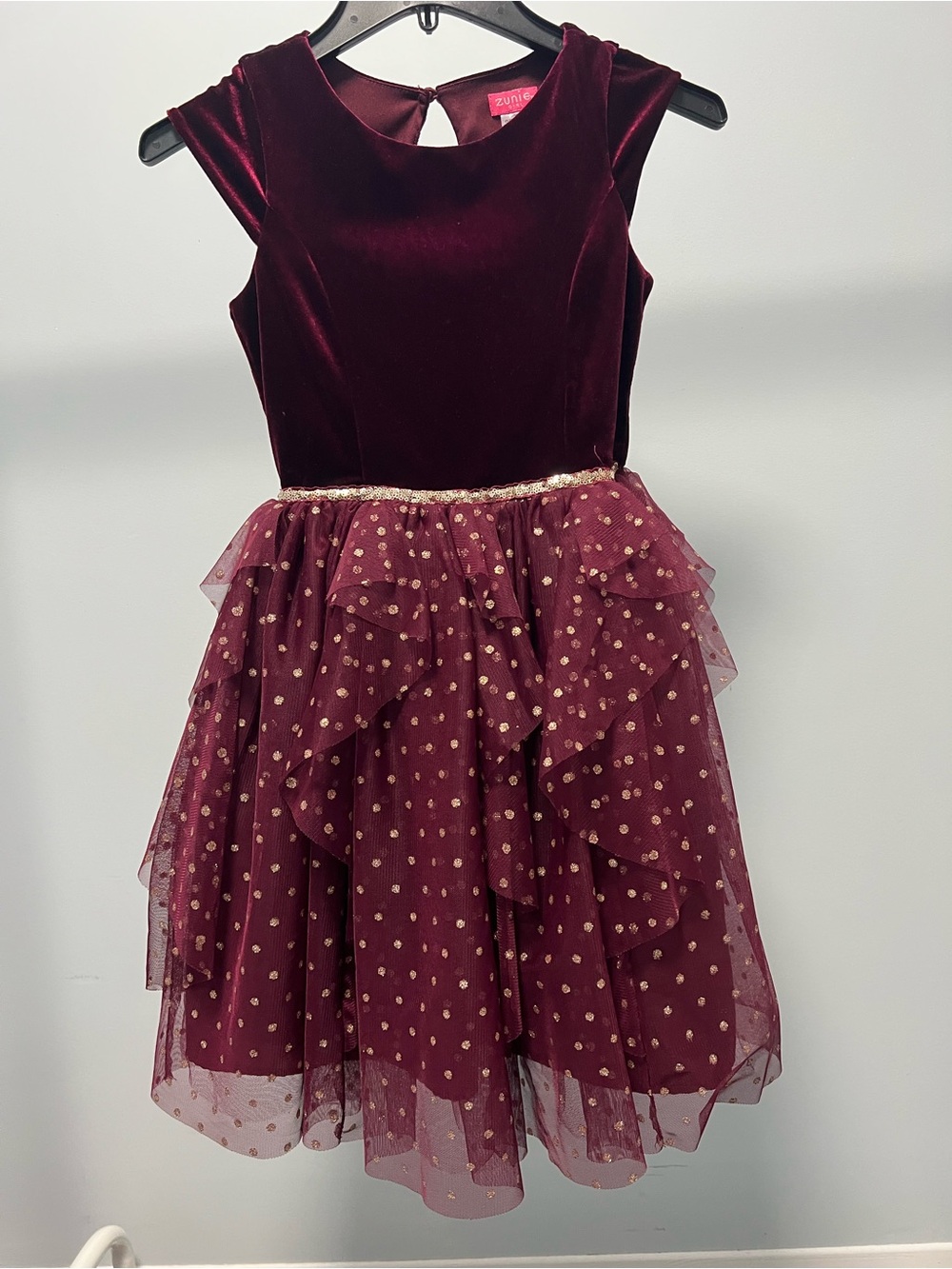 Zunie Girl Burgundy Velvet & Gold Dot Tulle Dress